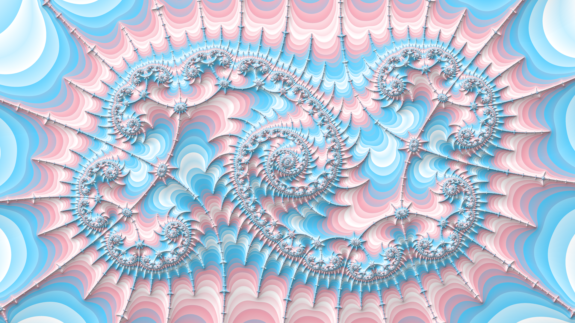 a mandelbrot fractal render with the colors of the trans pride flag